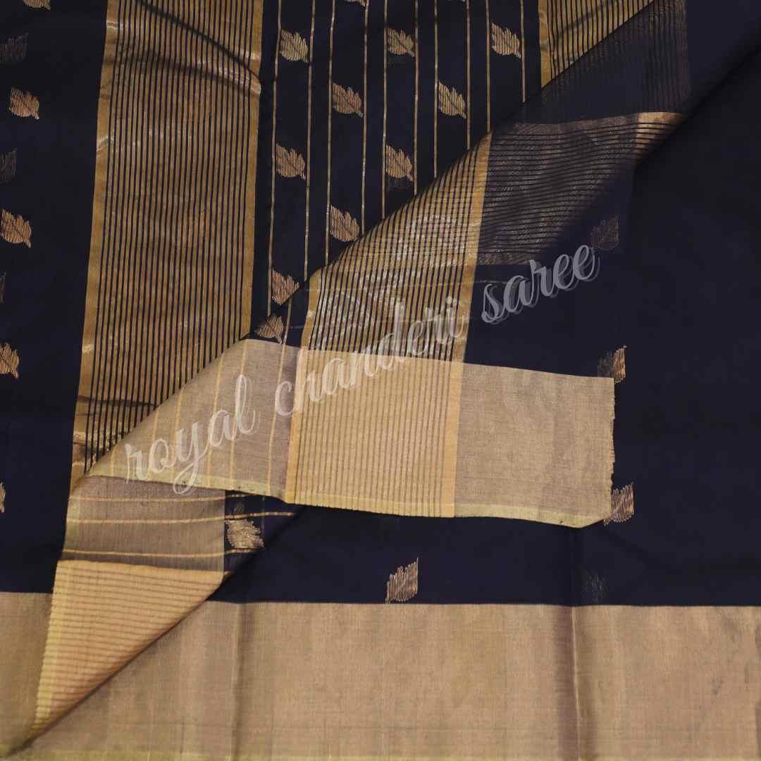 Dark Blue Chanderi Silk Cotton Saree - Royal Chanderi Saree