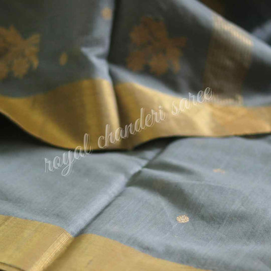 Oslo Grey Chanderi Silk Cotton Saree with Golden Border