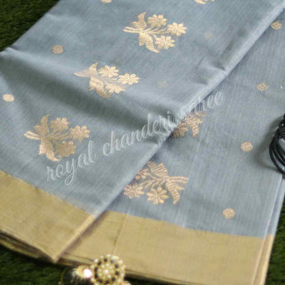 Oslo Grey Chanderi Silk Cotton Saree with Golden Border