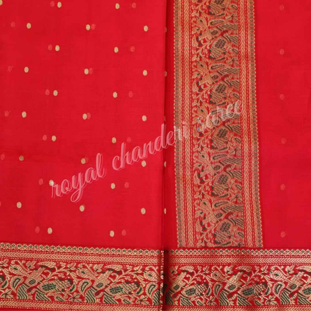 Red Chanderi Silk Saree With Mehandi Lage Haath - Royal Chanderi Saree