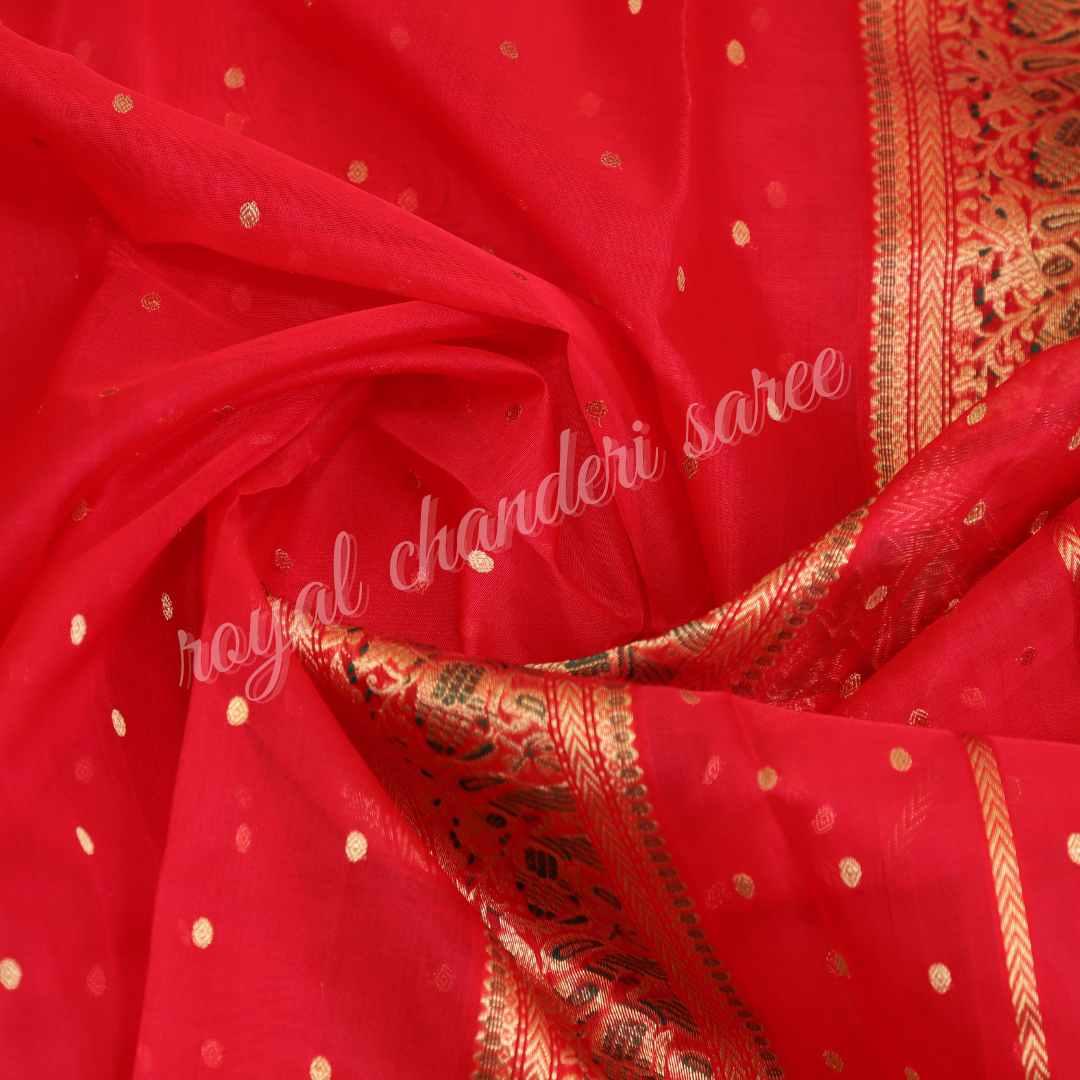 Red Chanderi Silk Saree With Mehandi Lage Haath - Royal Chanderi Saree