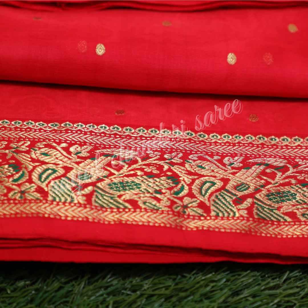 Red Chanderi Silk Saree With Mehandi Lage Haath - Royal Chanderi Saree