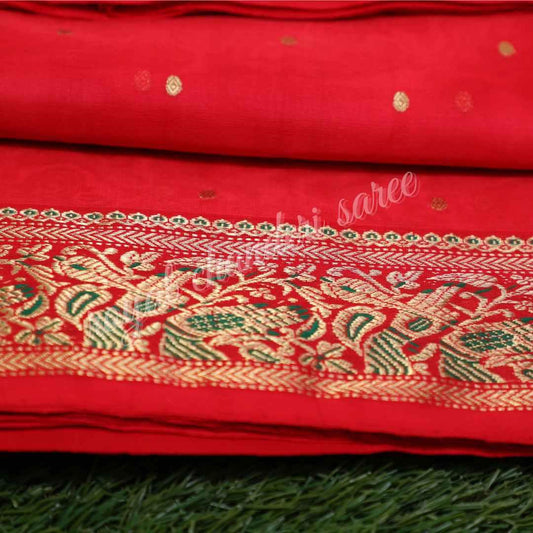 Red Chanderi Silk Saree With Mehandi Lage Haath - Royal Chanderi Saree