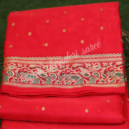 Red Chanderi Silk Saree With Mehandi Lage Haath - Royal Chanderi Saree